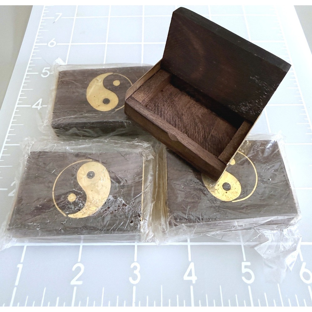 4 Mini Rosewood Trinket Pill Boxes Brass Yin Yang 3x2 Hand Crafted Vtg India 70s